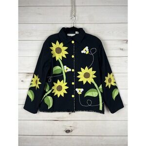 Moka Jacket Womens Large Black Sunflower Bee Applique Embroidered Cotton Boho